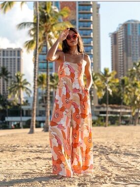 Fighting Eel Crème Retro Orchid jumpsuit Hawaii spring summer wide leg vacation